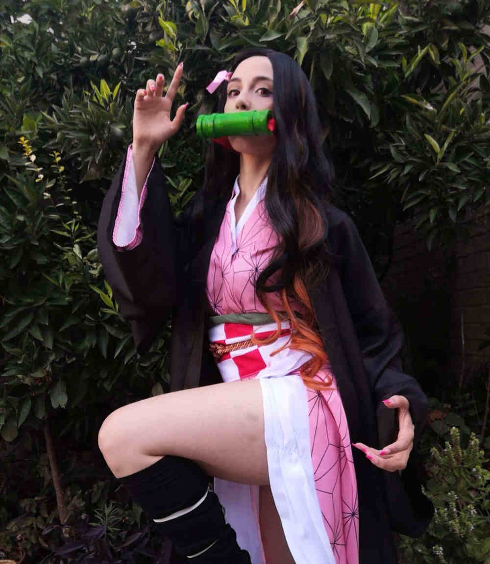 Nezuko Kamado Long Wavy Cospaly Synthetische perücke Anime Demon Slayer Kimetsu kein Yaiba-Takerlama