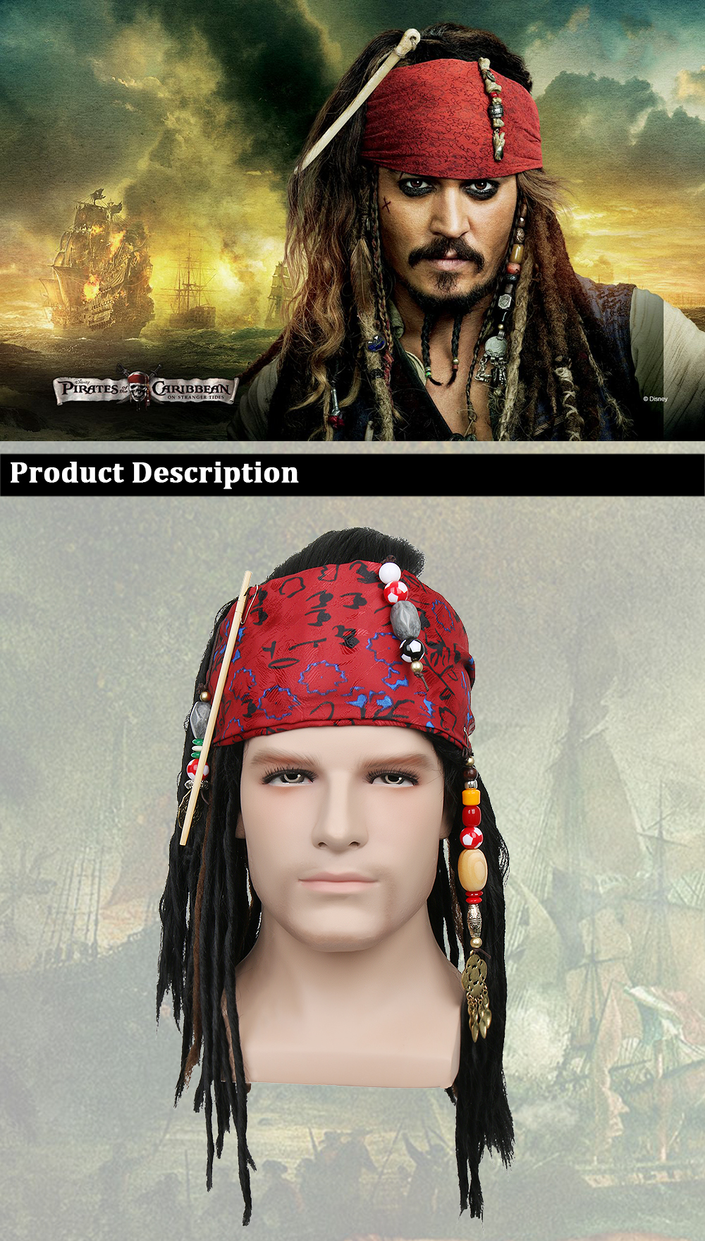 piraten des karibischen piraten-Kapitäns-Buchsens Sparrow Halloween Cosplay perücke synthetische Haare